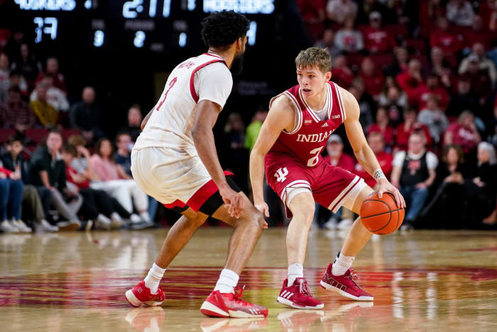 Indiana Hoosiers guard Gabe Cupps (2) dribbles the ball against Nebraska Cornhuskers guard Brice Williams (3) during the second half at Pinnacle Bank Arena.